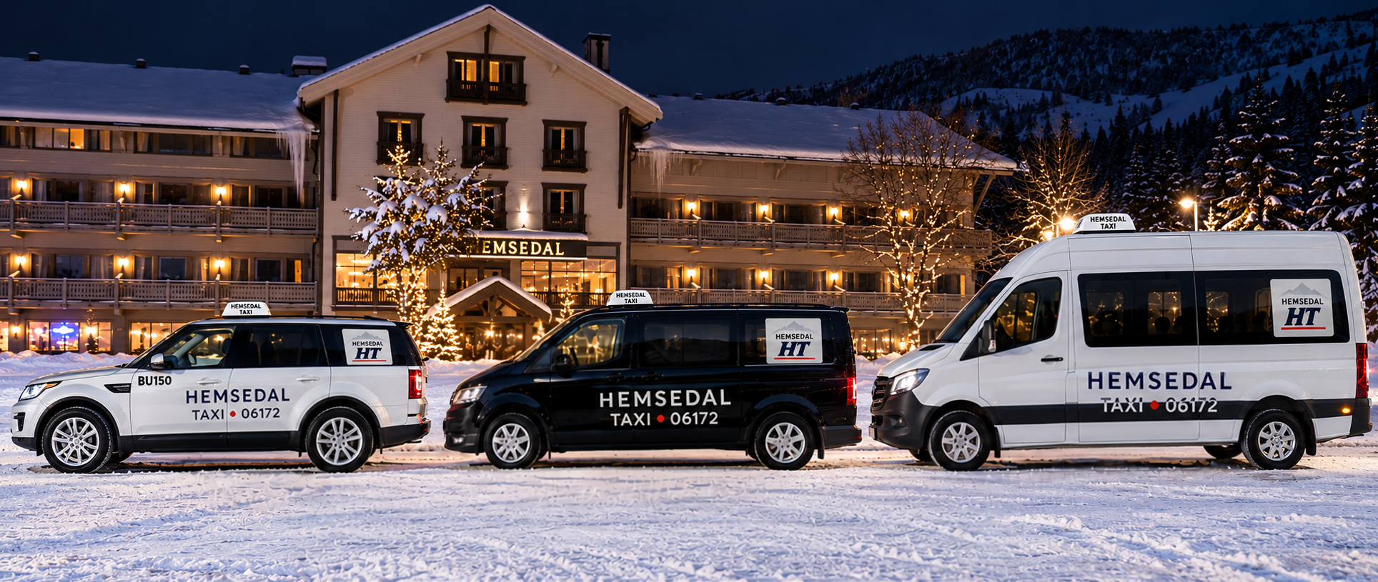 Hemsedal Taxi-biler foran et hotell en vinterkveld